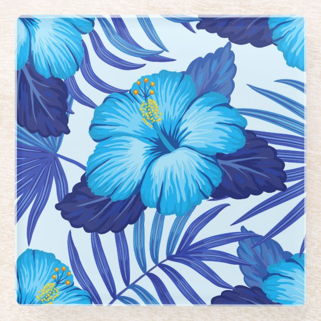 Hawaiian tropical plants, hibiscus pattern. glass coaster (Front)