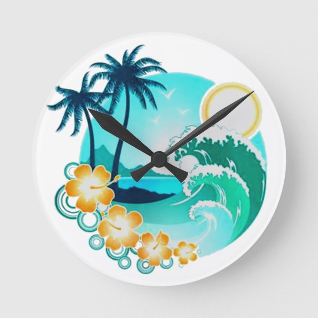 HAWAIIAN TROPICAL SURF ART ROUND CLOCK (Front)