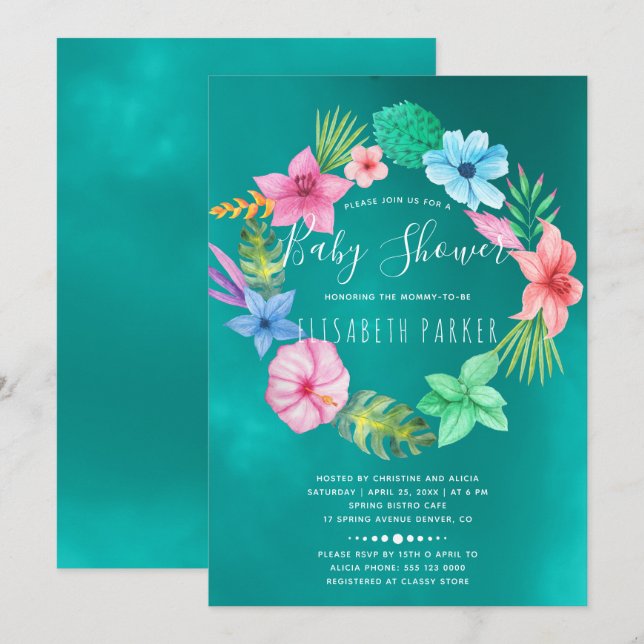 Hawaiian tropical teal floral wreath baby shower invitation (Front/Back)