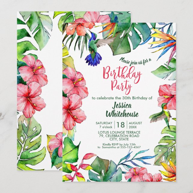 Hawaiian Tropical Watercolor Flowers Birthday Invitation (Front/Back)