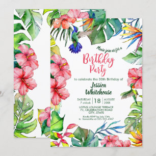 Hawaiian Tropical Watercolor Flowers Birthday Invitation