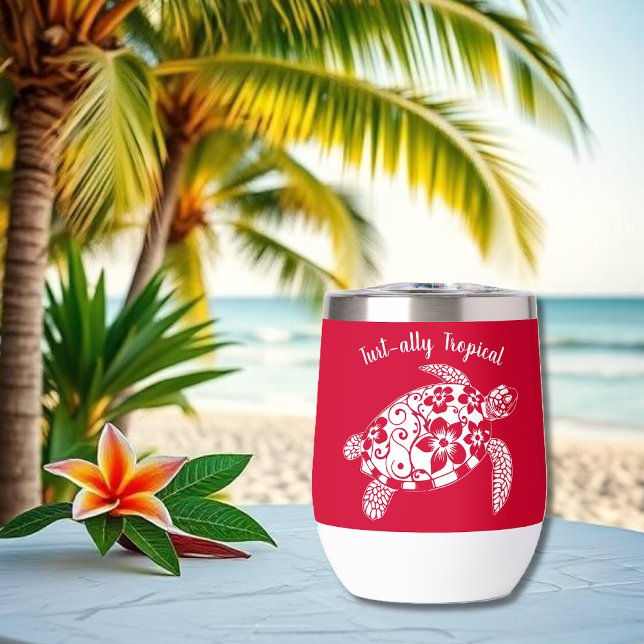 Hawaiian Turtle-Fisherman Aesthetic-Cherry Red (Hawaiian Turtle-Tropical Flowers, Elegant Tribals, summer, beach, fisherman aesthetic wine tumbler)