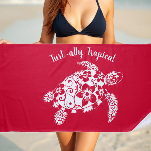 Hawaiian Turtle Fisherman Aesthetic Cherry Red Beach Towel