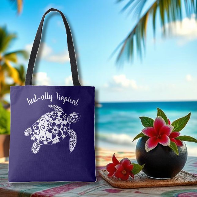 Hawaiian Turtle Fisherman Aesthetic-Dark Blue Tote Bag (Hawaiian Turtle-Tropical Flowers, Elegant hawaiian Tribals, summer, beach, fisherman aesthetic Tote)
