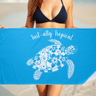 Hawaiian Turtle Fisherman Aesthetic Light Blue Beach Towel