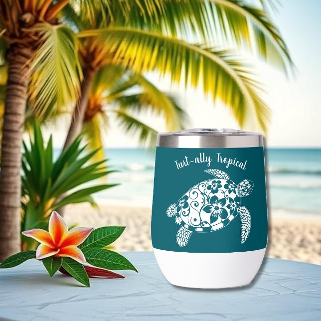Hawaiian Turtle-Fisherman Aesthetic-Teal (Hawaiian Turtle-Tropical Flowers, Elegant Tribals, summer, beach, fisherman aesthetic, wine tumbler)