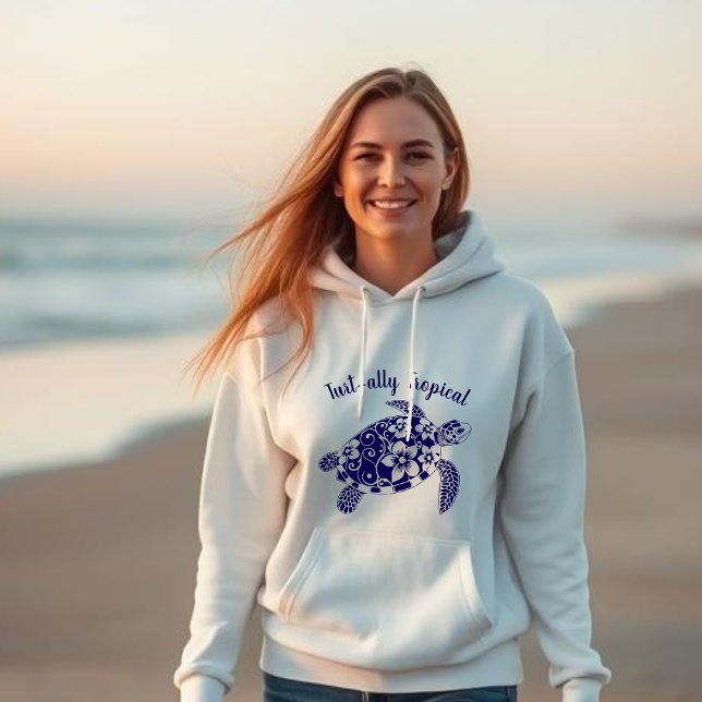 Hawaiian Turtle Turt-ally Tropical Dark Blue Hoodie (Hawaiian Turtle Turt-ally Tropical-Fisherman Trend, Coastal, Islander, Beach, Summer, Women Hoodie)