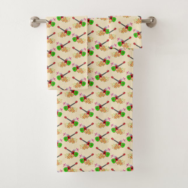 Hawaiian Ukulele Hibiscus Flowers Bath Towel Set (Insitu)