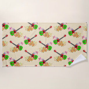 Hawaiian Ukulele Hibiscus Flowers Beach Towel