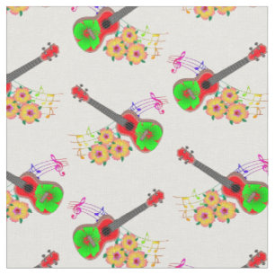 Hawaiian Ukulele Hibiscus Flowers Floral Fabric