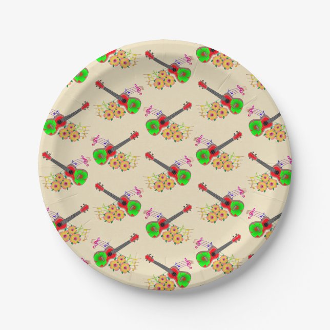 Hawaiian Ukulele Hibiscus Flowers Paper Plate (Front)