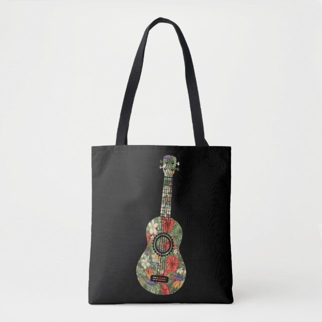 Hawaiian Ukulele Uke Floral Tropical Ukulele Tote Bag (Front)