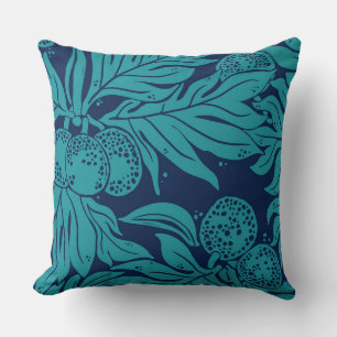 Hawaiian Ulu Breadfruit Pattern Teal on Navy Cushion