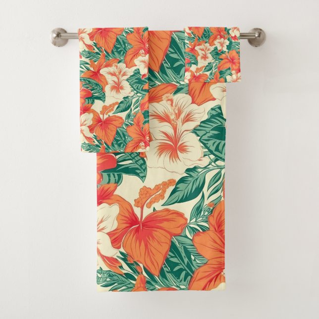 Hawaiian vibe aesthetic tropical flowers pattern bath towel set (Insitu)