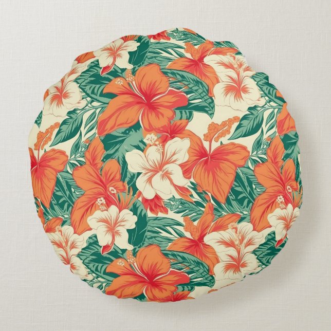 Hawaiian vibe aesthetic tropical flowers pattern round cushion (Back)