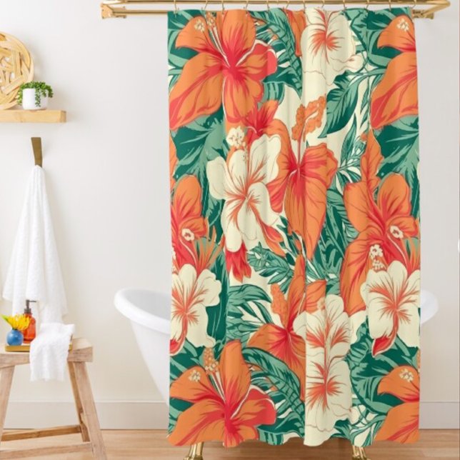Hawaiian vibe aesthetic tropical flowers pattern shower curtain (Creator Uploaded)