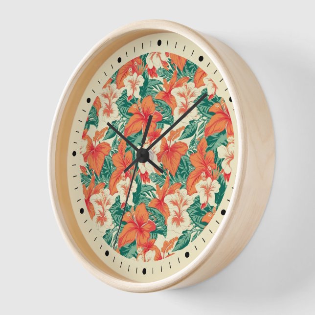 Hawaiian vibe colourful tropical flowers pattern clock (Angle)