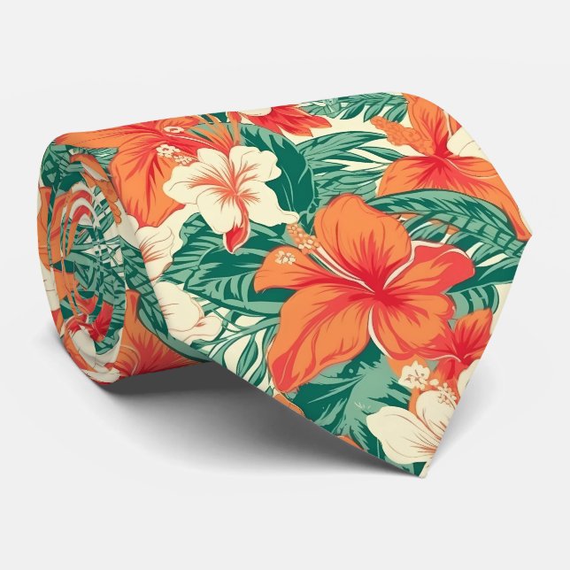 Hawaiian vibe tropical flowers and leaves pattern tie (Rolled)