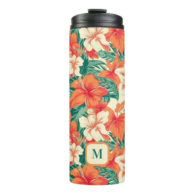 Hawaiian vibe tropical flowers pattern monogram thermal tumbler (Front)