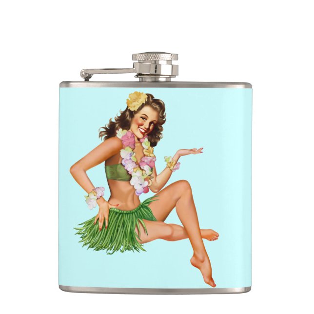 Hawaiian Vintage Beach pin-up girl Hip Flask (Front)