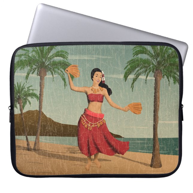 Hawaiian Vintage Hula Girl Distressed Postcard Laptop Sleeve (Front)