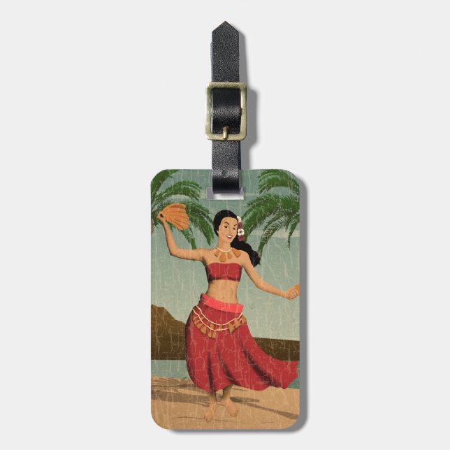 Hawaiian Vintage Hula Girl Distressed Postcard Luggage Tag (Front Vertical)