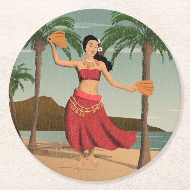 Hawaiian Vintage Hula Girl Distressed Postcard Round Paper Coaster (Front)