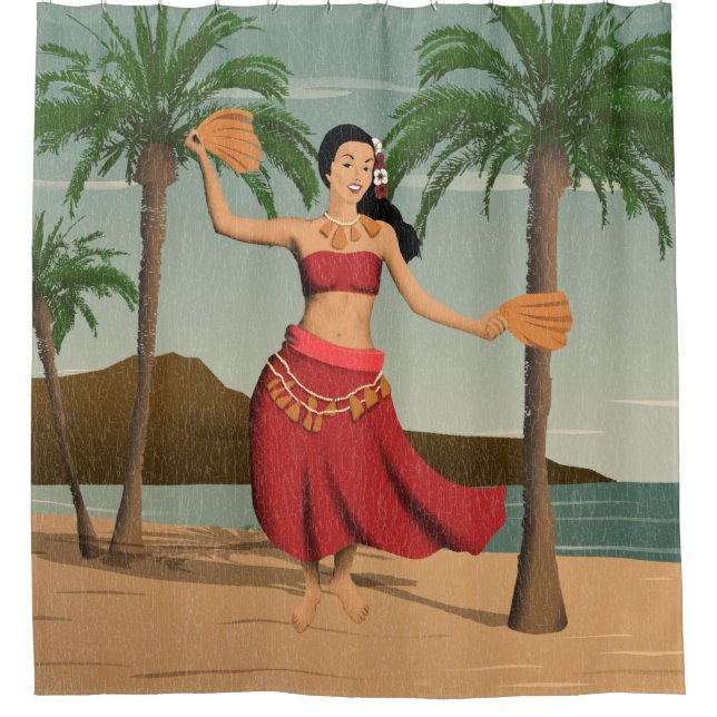 Hawaiian Vintage Hula Girl Distressed Postcard Shower Curtain (Front)