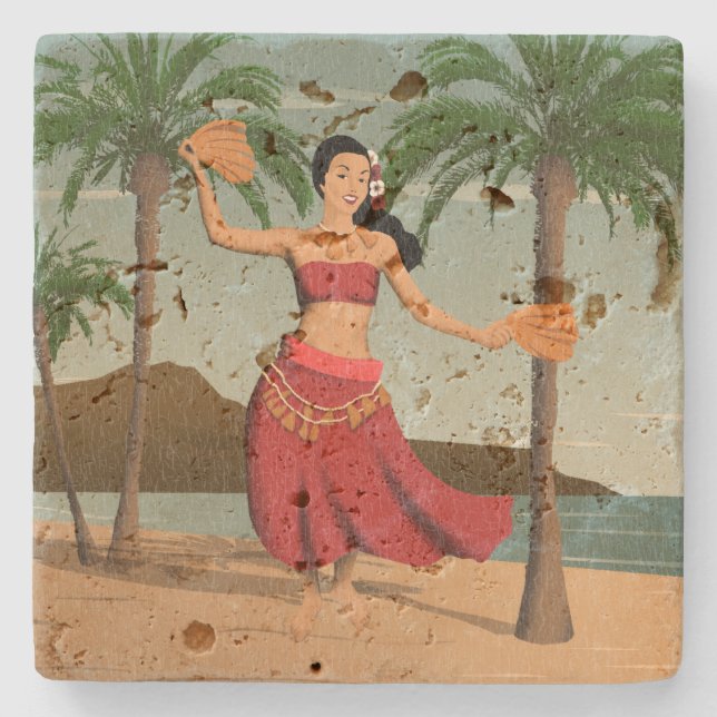 Hawaiian Vintage Hula Girl Distressed Postcard Stone Coaster (Front)