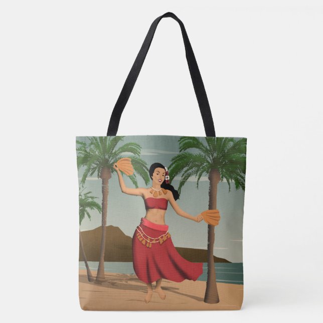 Hawaiian Vintage Hula Girl Postcard Beach Bag (Front)