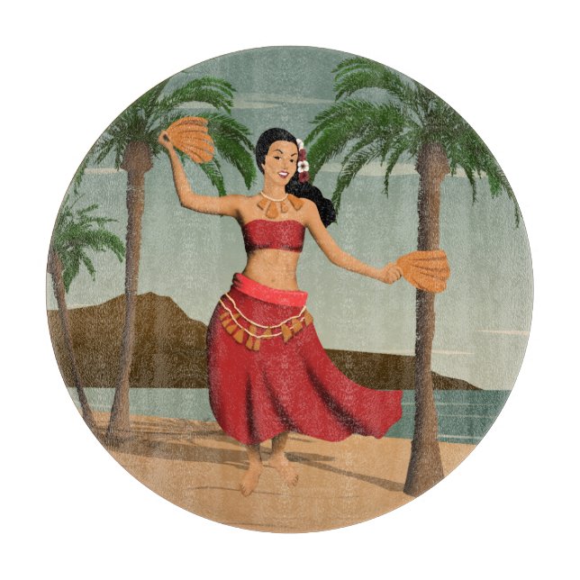 Hawaiian Vintage Hula Girl Postcard Cutting Board (Front)