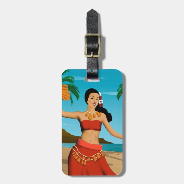 Hawaiian Vintage Hula Girl Postcard Luggage Tag (Front Vertical)