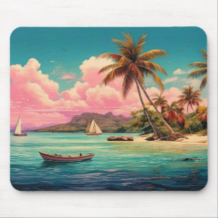 Hawaiian vintage island, palm tree, boat, pink mouse mat