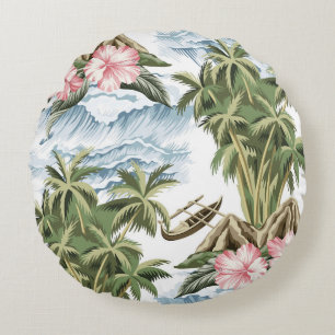 Hawaiian vintage island,  palm tree,  boat,  pink  round cushion