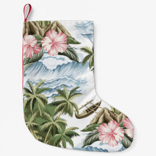 Hawaiian vintage island,  palm tree,  boat,  pink  small christmas stocking