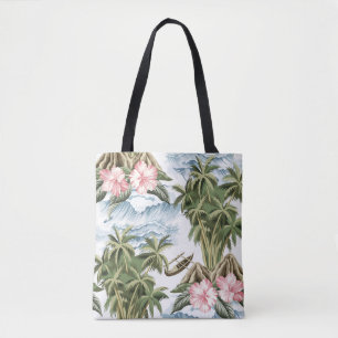 Hawaiian vintage island, palm tree, boat, pink tote bag