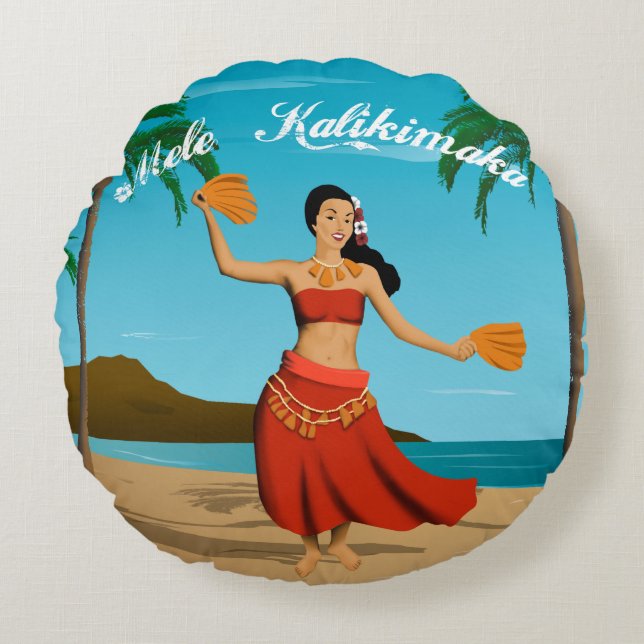 Hawaiian Vintage Mele Kalikimaka Postcard Round Cushion (Front)