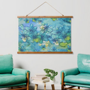 Hawaiian Watercolor Blue Plumeria Hanging Tapestry
