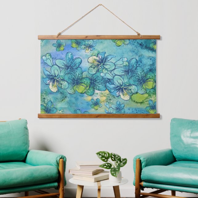 Hawaiian Watercolor Blue Plumeria Hanging Tapestry (Living Room)