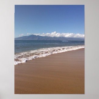 Hawaiian waves, distant island, beach sand, clouds poster