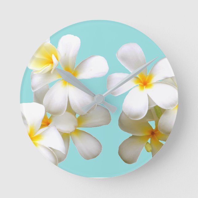 Hawaiian white plumeria flower blue round clock (Front)