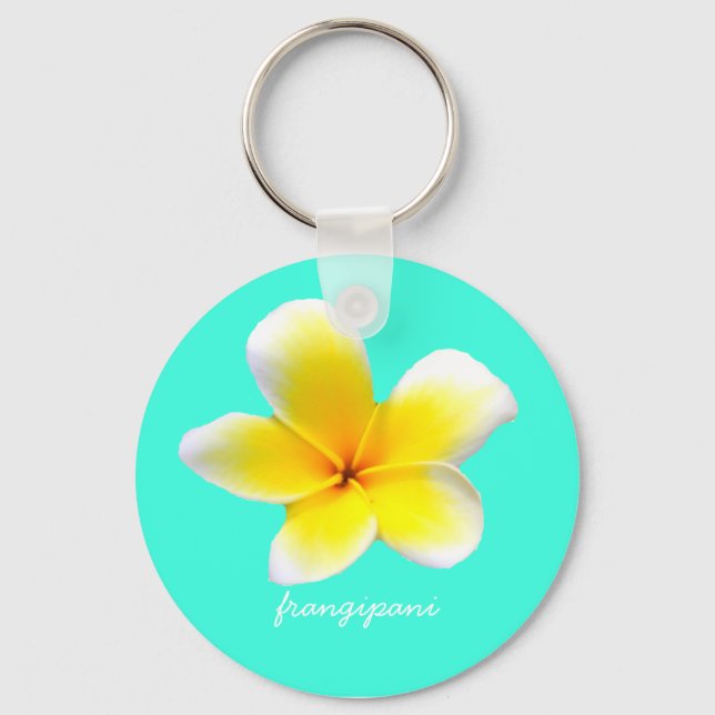 Hawaiian white plumeria flower  frangipani key ring (Front)