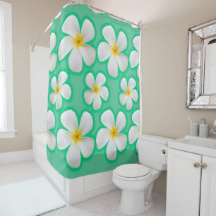 Hawaiian White Plumeria Flowers on green Shower Curtain