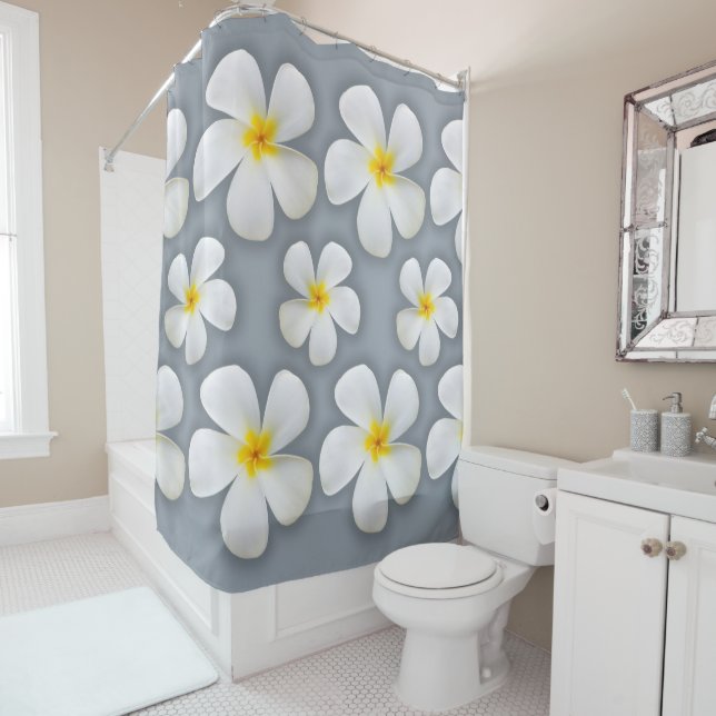Hawaiian White Plumeria Flowers on silver Shower Curtain (In Situ)