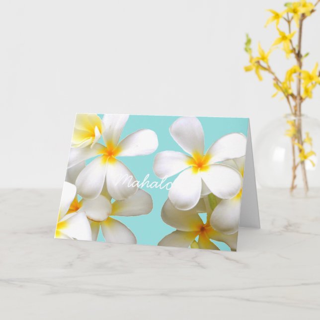 Hawaiian white plumeria greeting card blue (Yellow Flower)