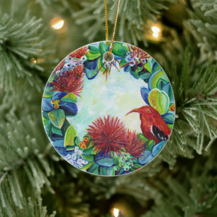 Hawaiian Wreath Iiwi Bird Lehua Mele Kalikimaka Ceramic Tree Decoration