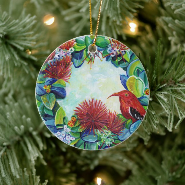 Hawaiian Wreath Iiwi Bird Lehua Mele Kalikimaka Ceramic Tree Decoration (Tree)
