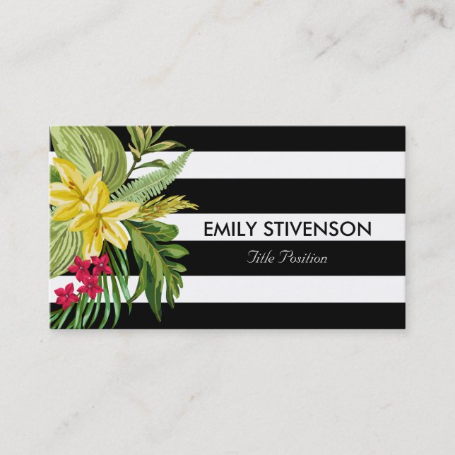 Hawaiian Yellow Flower And Black White Stripes Business Card (Front)