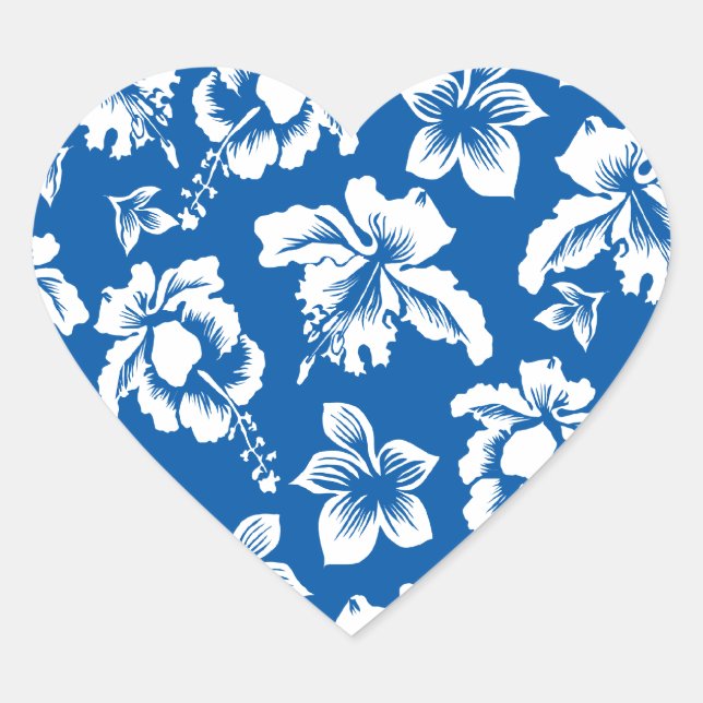 Hawiian Blue Flower Pattern Heart Sticker (Front)