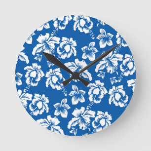 Hawiian Blue Flower Pattern Round Clock